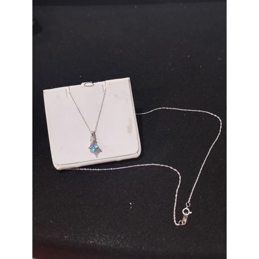 10K White Gold Blue Topaz Diamond Accent Princess Cut Pendant Necklace 18
